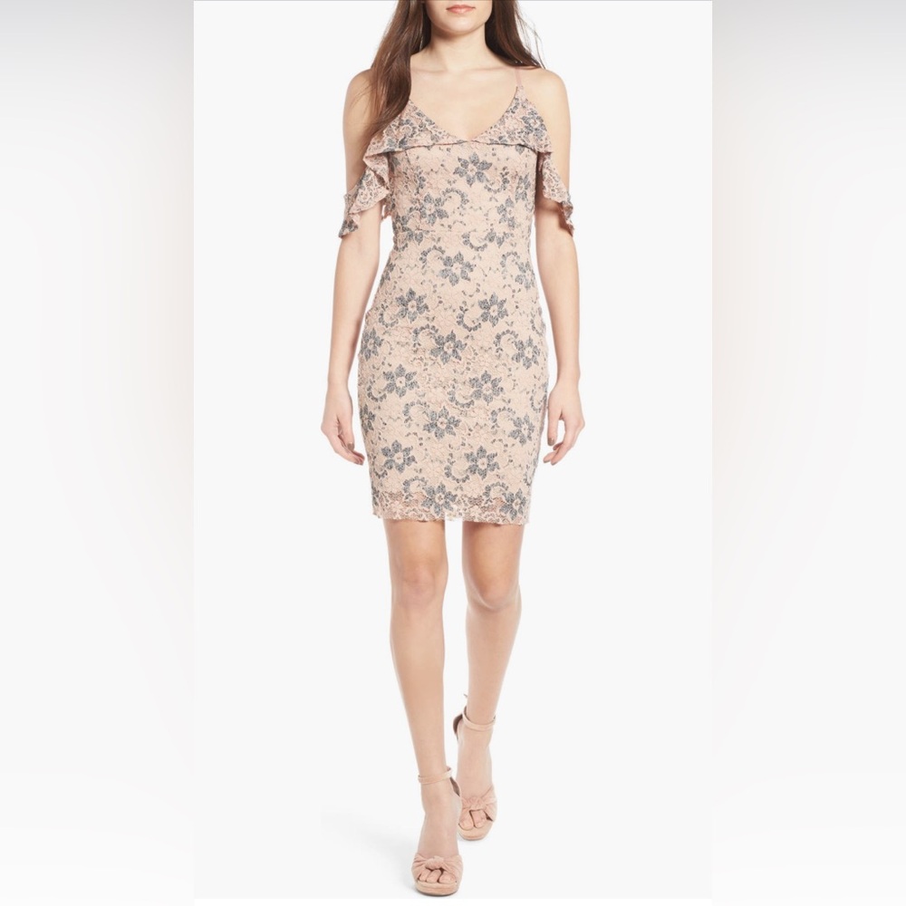 Astr the label pink and grey off-shoulder lace dress